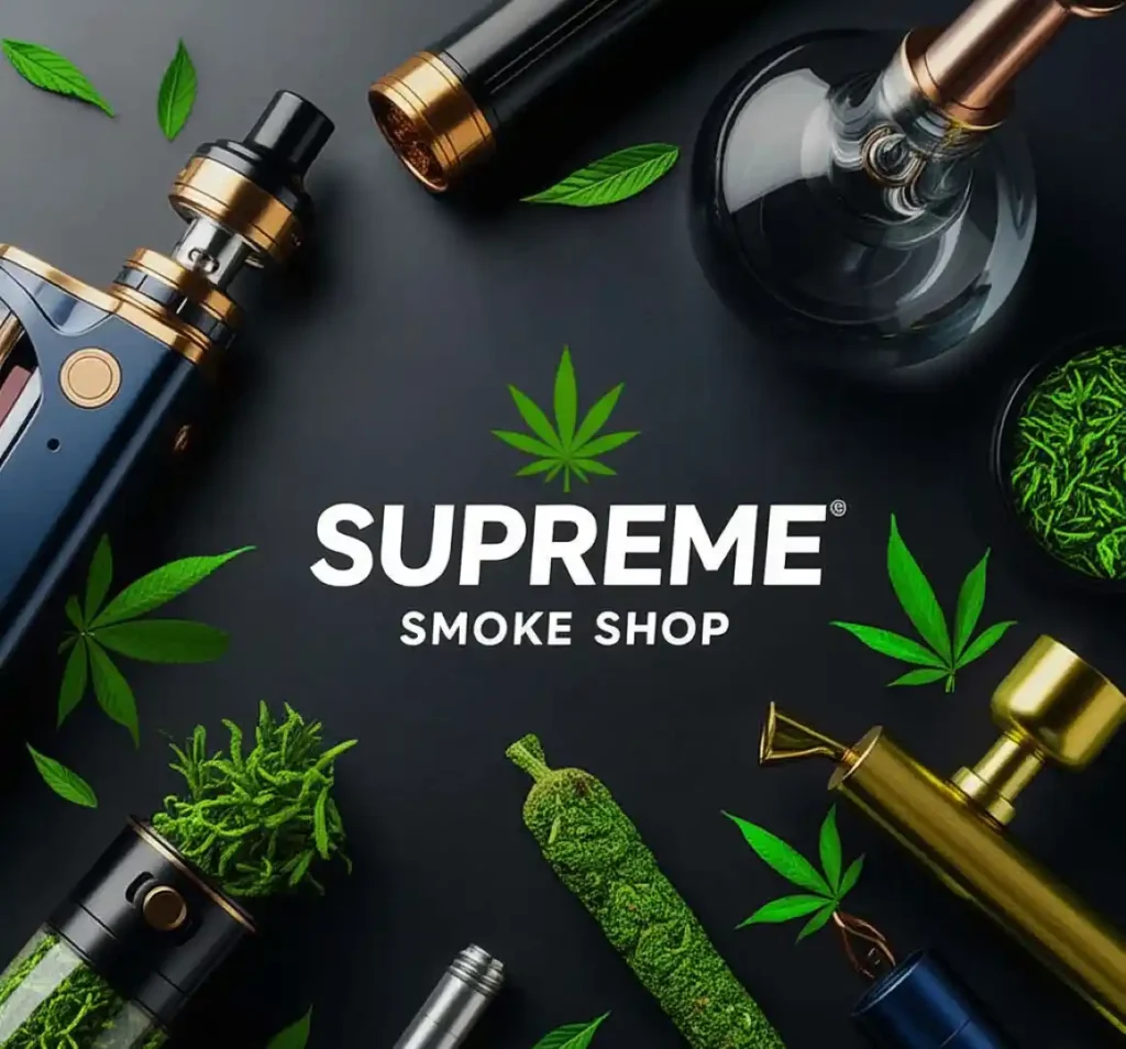 A variety of smoking accessories and cannabis leaves arranged around the text "Supreme Smoke Shop" on a dark background, highlighting the best mobile smoke shop in Florida.
